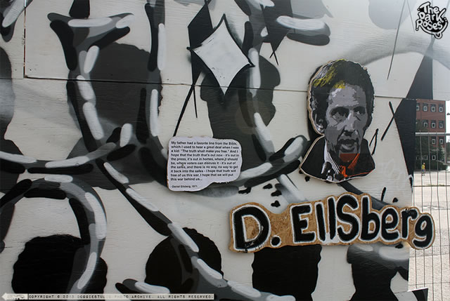 Daniel Ellsberg. Hero or Traitor? Who to decide Daniel Ellsberg is a Hero or Traitor of our time? Daniel Ellsberg, a former government analyst. Ellsberg leaked the Pentagon Papers, a secret government history of the Vietnam War to the New York Times in 1971. Daniel Ellsbergs reward: A long trial and mistrial. -My father had a favorite line from the Bible, which I used to hear a great deal when I was a kid: -The truth shall make you free.- -And I hope that the truth that’s out now - it’s out in the press, it’s out in homes, where it should be, where voters can discuss it - it’s out of the safes, and there is no way, no way to get it back into the safes - I hope that truth will free us of this war. I hope that we will put this war behind us... - Daniel Ellsberg, 1971. Daniel Ellsberg - Hero or Traitor? Made with scruples by The Dark Roses Since 1984 - GALORE Urban Art Festival, Toftegårds Plads, Valby, Copenhagen, Denmark August 2013